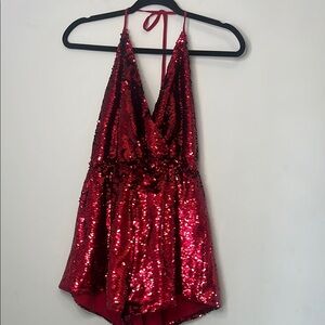 Ark & Co Anthropologie Women's‎ Red Sequin Night Out Halter Neck Romper Medium